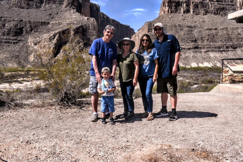 Sheryl (Erickson) Fischer,  husband Paul with grandson Caden, son Drew and wife Belinda in front of Santa Elena Canyon, Big Bend National Park, Texas