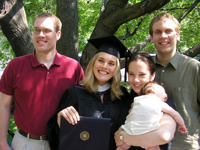Jane Larson Fischer.  My son Joel, daughter Sarah, daughter-in-law Esther, granddaughter Amy, and son Chris at Sarahs graduation from Northwestern in Chicago, 2006