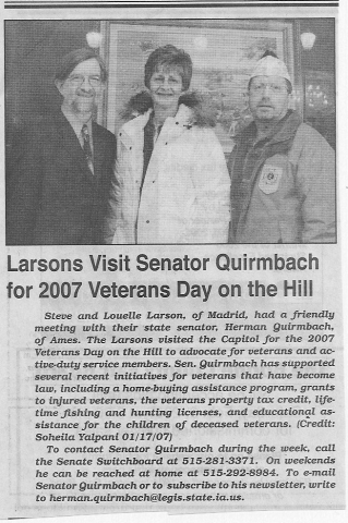 Steve and Louella Larson were recognized by Senator Quirmbach for their advocacy for veterans.  Steve is Commander of the Madrid, IA V.F.W.  -- Madrid Register News photo/article